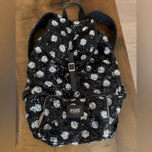PINK Victoria's Secret Black Backpack with Silver Sequin Polka Dots